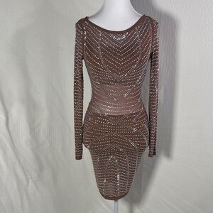 Fashion Nova Brown Long Sleeve Studded Dress